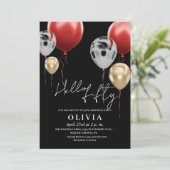 Invitation Moderne 50e anniversaire Black Silver Red Balloons (Debout devant)