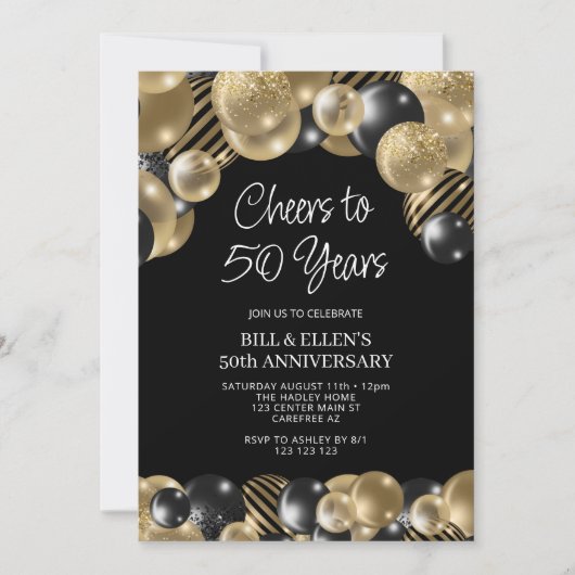 Invitation Moderne 50e anniversaire noir et or (Devant)