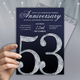 Invitation Moderne 53e Anniversaire Diamant Argent Bleu Marin