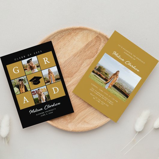 Invitation Moderne 5 Photo Collage noir & moutarde Graduation