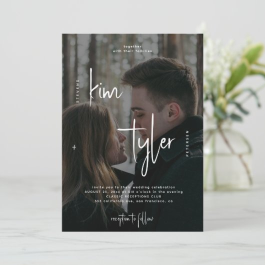 Invitation Moderne 5 photo collage QR CODE script mariage (Debout devant)