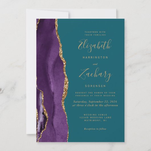 Invitation Moderne 5 Photo Purple Gold Agate Turquoise Mariag (Devant)