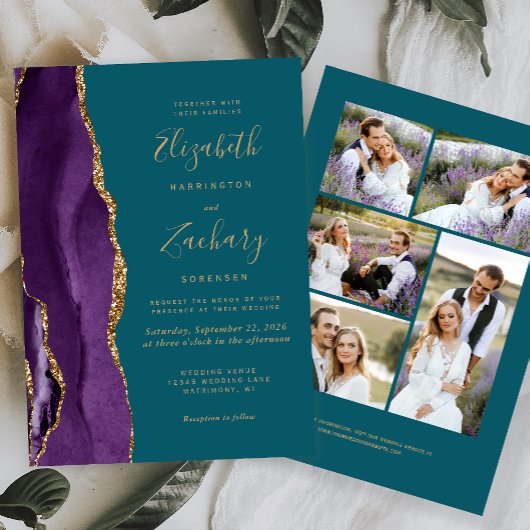 Invitation Moderne 5 Photo Purple Gold Agate Turquoise Mariag