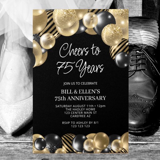 Invitation Moderne 75e anniversaire noir et or