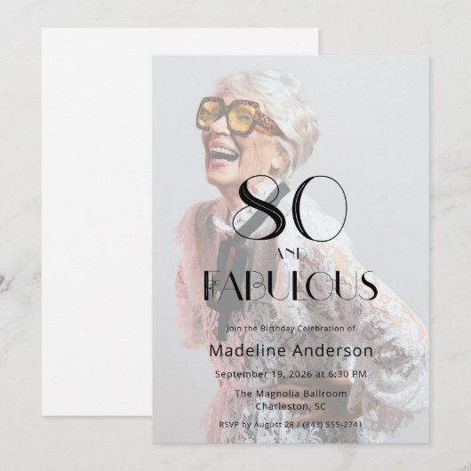Invitation Moderne 80 ans & Fabuleuse Photo 80e Anniversaire (Devant / Derrière)