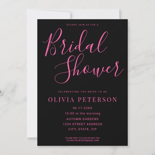 Invitation moderne à la douche nuptiale noire et r (Devant)