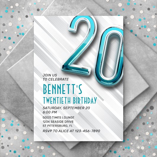 Invitation moderne Adulte Turquoise 20e Anniversai