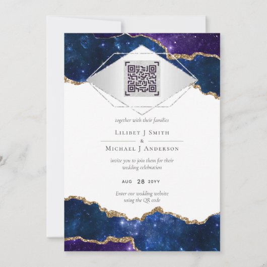 Invitation Moderne Agate Bleu MARIAGE SUITE QR Code (Devant)
