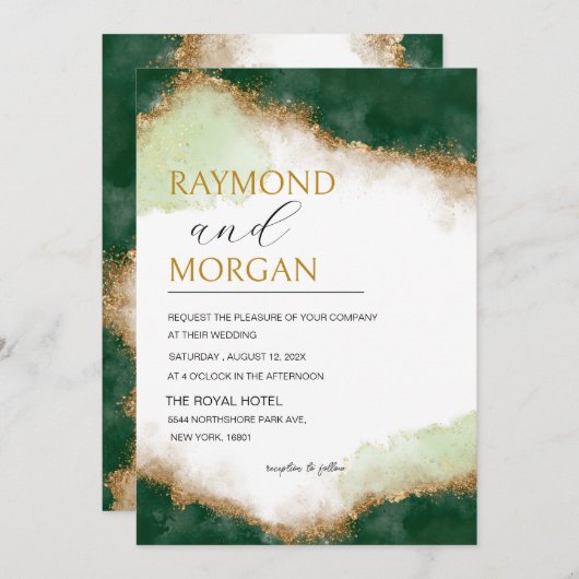 Invitation Moderne Agate Green & Gold Luxury Mariage (Devant / Derrière)