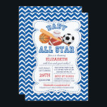 Invitation Moderne All Star Sports Boys Baby shower<br><div class="desc">Invitation de baby shower sportif moderne et audacieuse, avec un joli baseball, football, football, football, base-ball et batte de baseball. Notre C'est un bébé garçon all star invitation est installé sur un arrière - plan zigzag de chevron bleu et blanc et a un dos assorti pour une touche spéciale supplémentaire....</div>