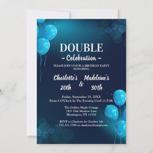 Invitation Moderne Anniversaire Commun Bleu Marine (Devant)