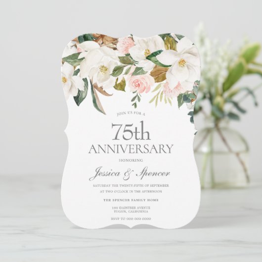 Invitation Moderne Anniversaire de Mariage 75 Ans Floral Blan (Debout devant)