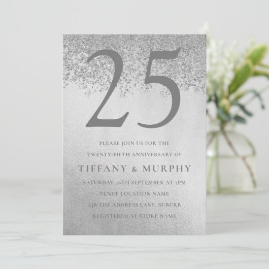 Invitation Moderne Anniversaire de Mariage Argent Pailleté 25 (Debout devant)