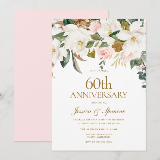 Invitation Moderne Anniversaire de Mariage Blanc Floral 60 an (Devant / Derrière)