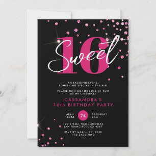Invitation Moderne Anniversaire Rose Gold & Noir Sweet Sixtee