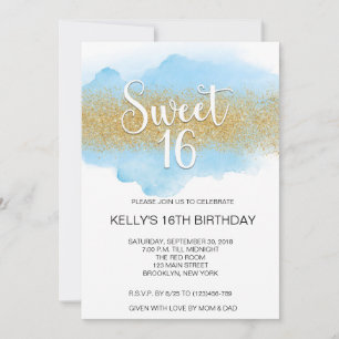 Invitation Moderne Aquarelle Bleu Sweet 16 Seize