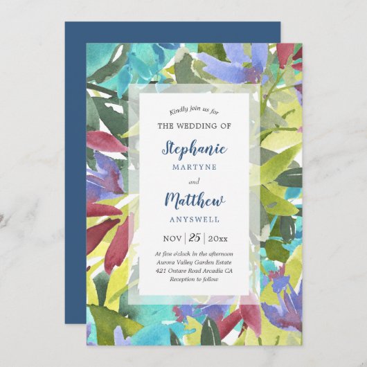 Invitation Moderne Aquarelle Florale Feuillage Turquoise Mari (Devant / Derrière)