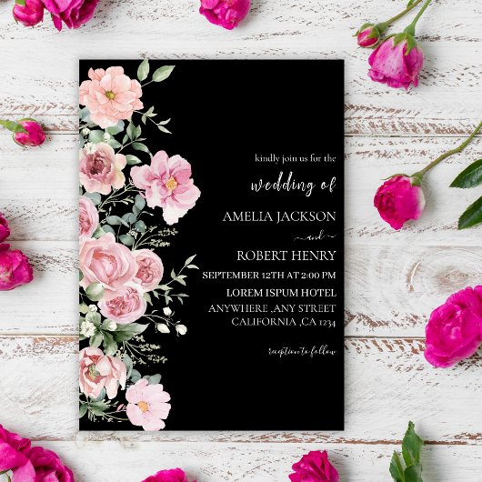 Invitation Moderne aquarelle florale Noir et rose Mariage