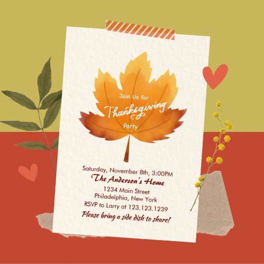 Invitation Moderne aquarelle Maple Thanksgiving Party Invi