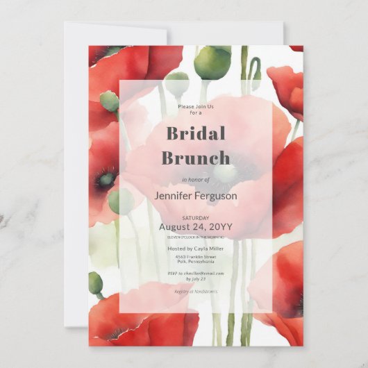 Invitation Moderne Aquarelle rétro Rouge Poppies Bridal Brunc (Devant)