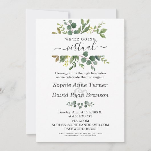 Invitation Moderne aquarelle verte Mariage virtuel (Devant)