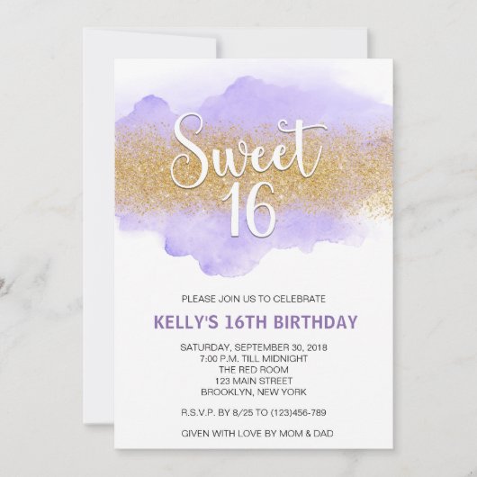 Invitation Moderne aquarelle violet Sweet 16 Seize (Devant)