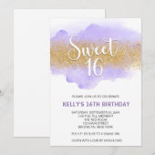 Invitation Moderne aquarelle violet Sweet 16 Seize (Devant / Derrière)