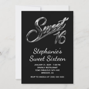 Invitation Moderne Argent Chrome Noir Sweet 16