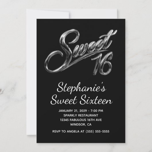 Invitation Moderne Argent Chrome Noir Sweet 16 (Devant)