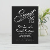 Invitation Moderne Argent Chrome Noir Sweet 16 (Debout devant)