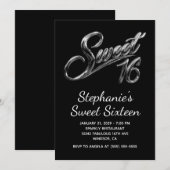 Invitation Moderne Argent Chrome Noir Sweet 16 (Devant / Derrière)