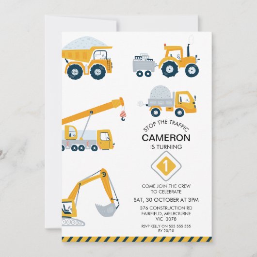 Invitation Moderne Arrêter Le Trafic Construction 1er Anniver (Devant)