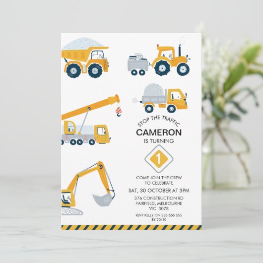 Invitation Moderne Arrêter Le Trafic Construction 1er Anniver (Debout devant)