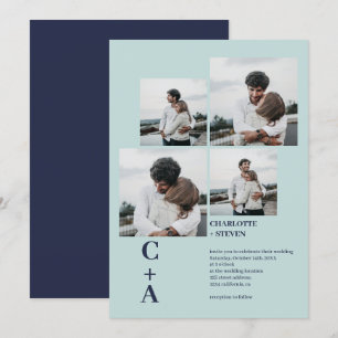 Invitation Moderne audacieux marine bleu 4 photos grille mari