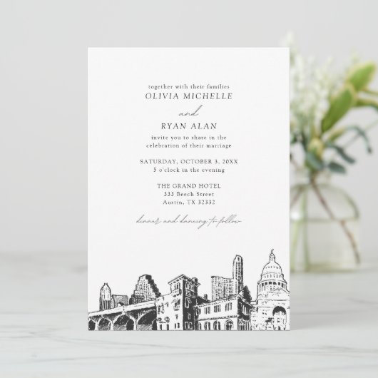 Invitation Moderne Austin Skyline Mariage noir et blanc (Debout devant)