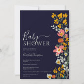 Invitation Moderne automne fleurs rétro baby shower bleu mari (Devant)