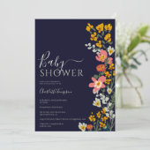 Invitation Moderne automne fleurs rétro baby shower bleu mari (Debout devant)