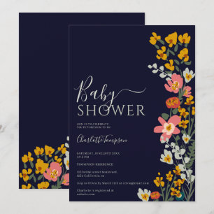 Invitation Moderne automne fleurs rétro baby shower bleu mari