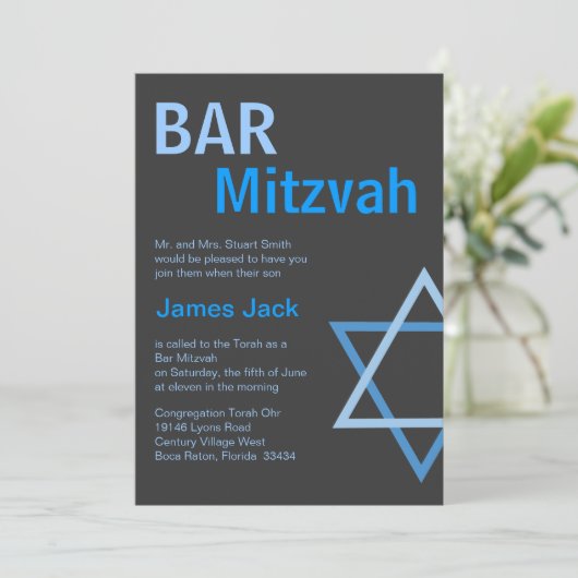 Invitation Moderne Bar Mitzvah Invitition - Bleu & Gris (Debout devant)
