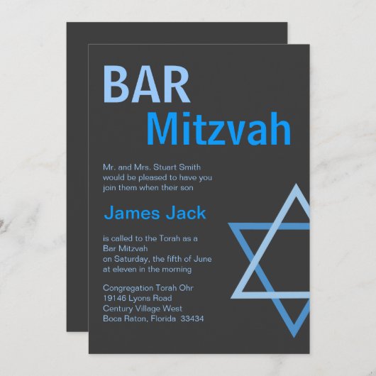Invitation Moderne Bar Mitzvah Invitition - Bleu & Gris (Devant / Derrière)