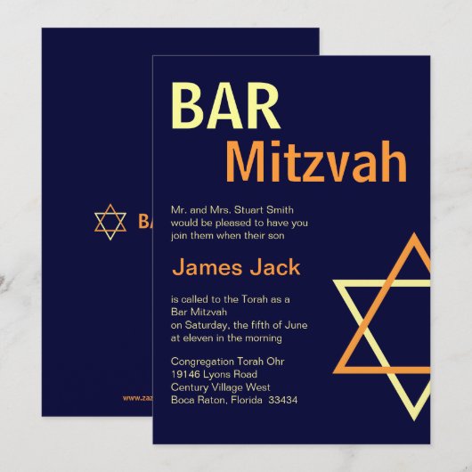 Invitation moderne Bar Mitzvah - Orange & Navy Blu (Devant / Derrière)
