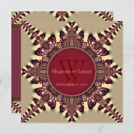 Invitation Moderne Batik Star Monogram Deep Red Gold Mariage (Devant / Derrière)