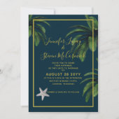 Invitation Moderne Beach Marine Blue Gold Palm Tree Mariage (Devant)