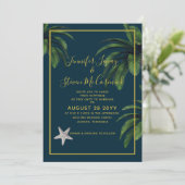 Invitation Moderne Beach Marine Blue Gold Palm Tree Mariage (Debout devant)