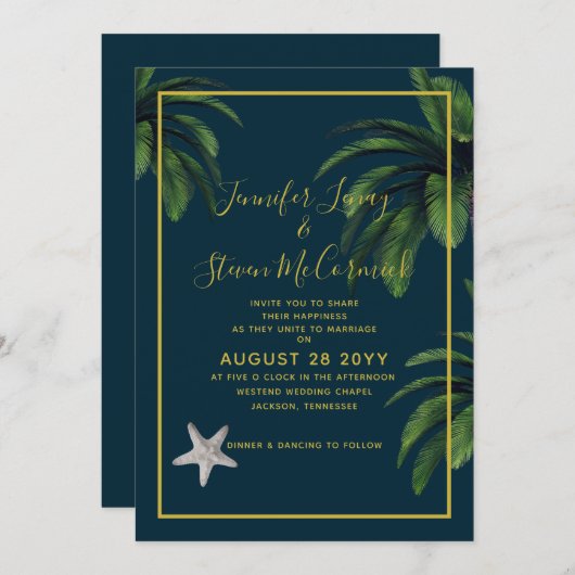 Invitation Moderne Beach Marine Blue Gold Palm Tree Mariage (Devant / Derrière)