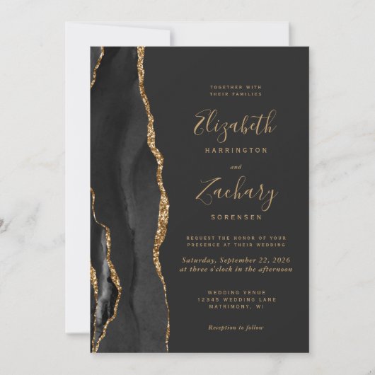 Invitation Moderne Black Gold Agate Dark QR Code Mariage (Devant)