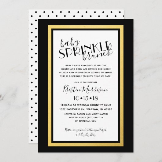 Invitation moderne Black Gold Baby Sprinkle (Devant / Derrière)