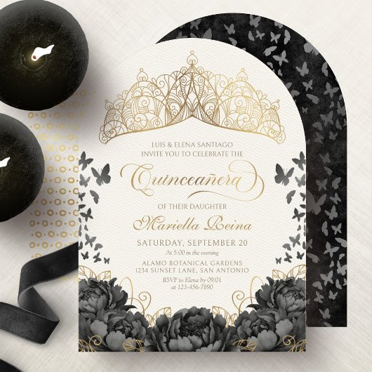 Invitation Moderne Black Gold Tiara Crown Quinceanera