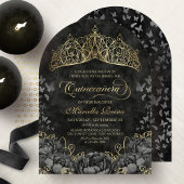 Invitation Moderne Black Gold Tiara Crown Quinceanera