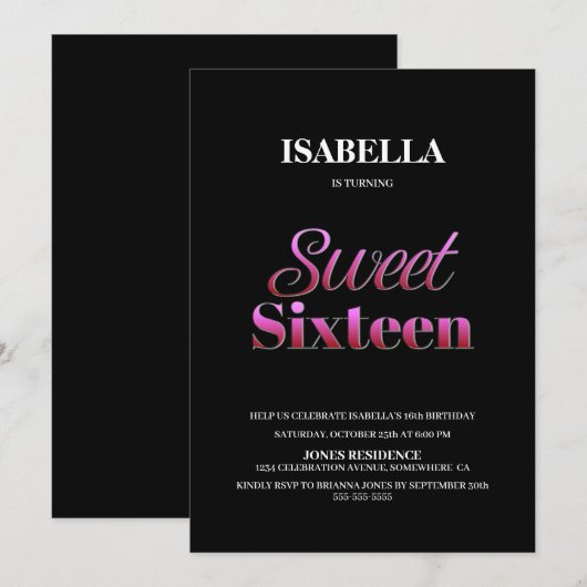 Invitation Moderne Black Rose Sweet 16 Anniversaire (Devant / Derrière)